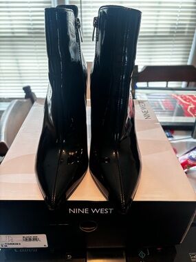 Nine West Black Patent Pointed Toe Ankle Booties